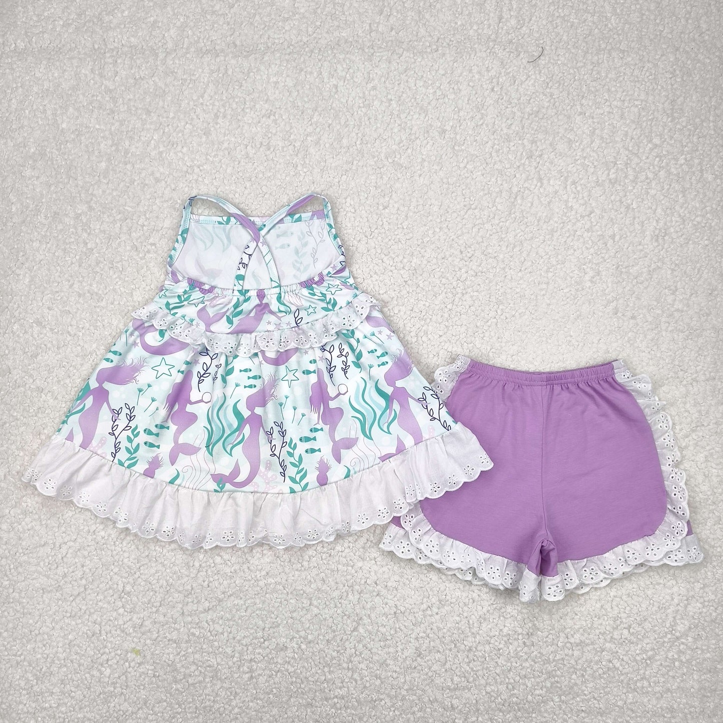 GSSO1675 Mermaid Tunic Top Purple Shorts Girls Summer Clothes Set
