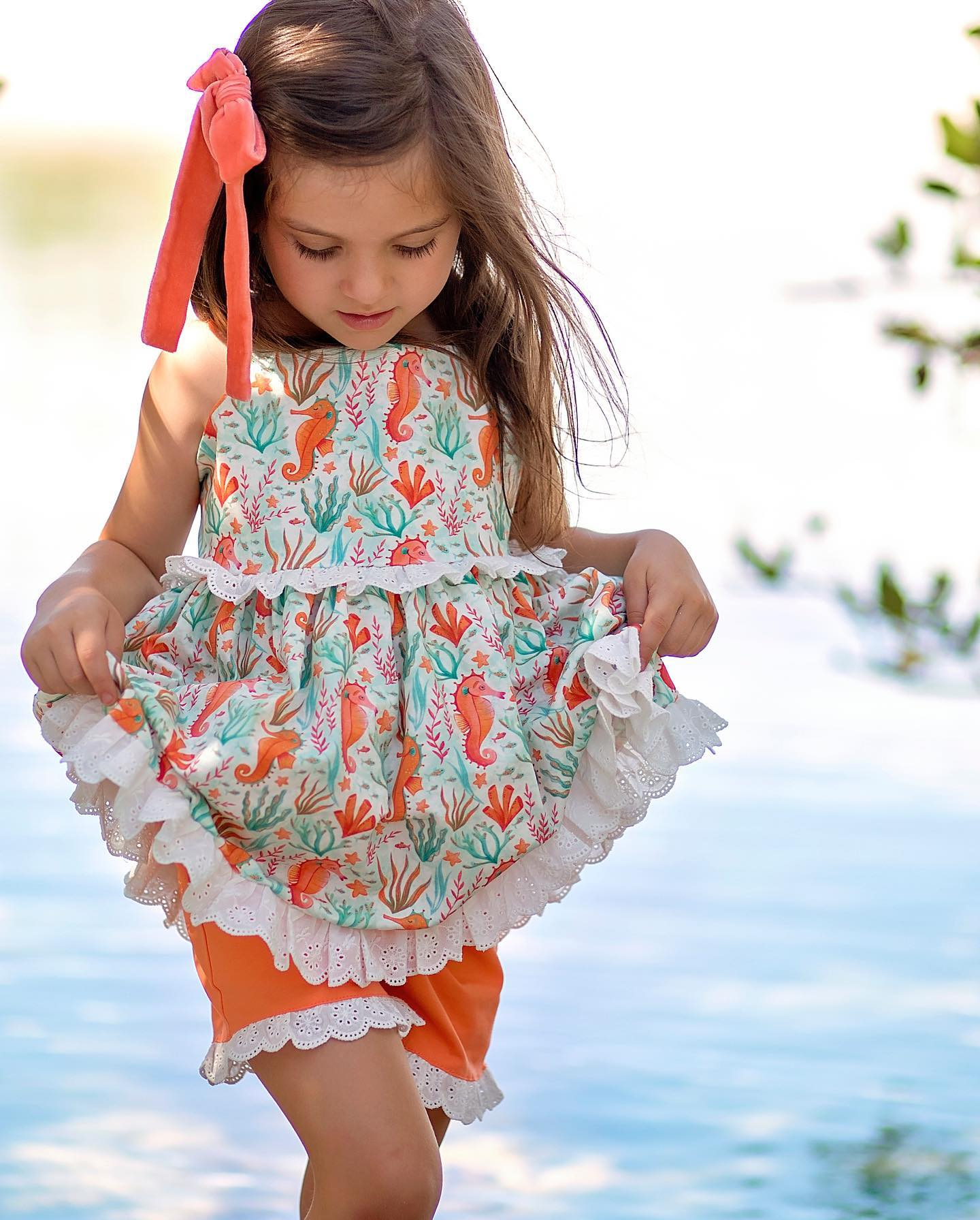 (Pre-order)GSSO1676 Seahorse Tunic Top Orange Shorts Girls Summer Clothes Set