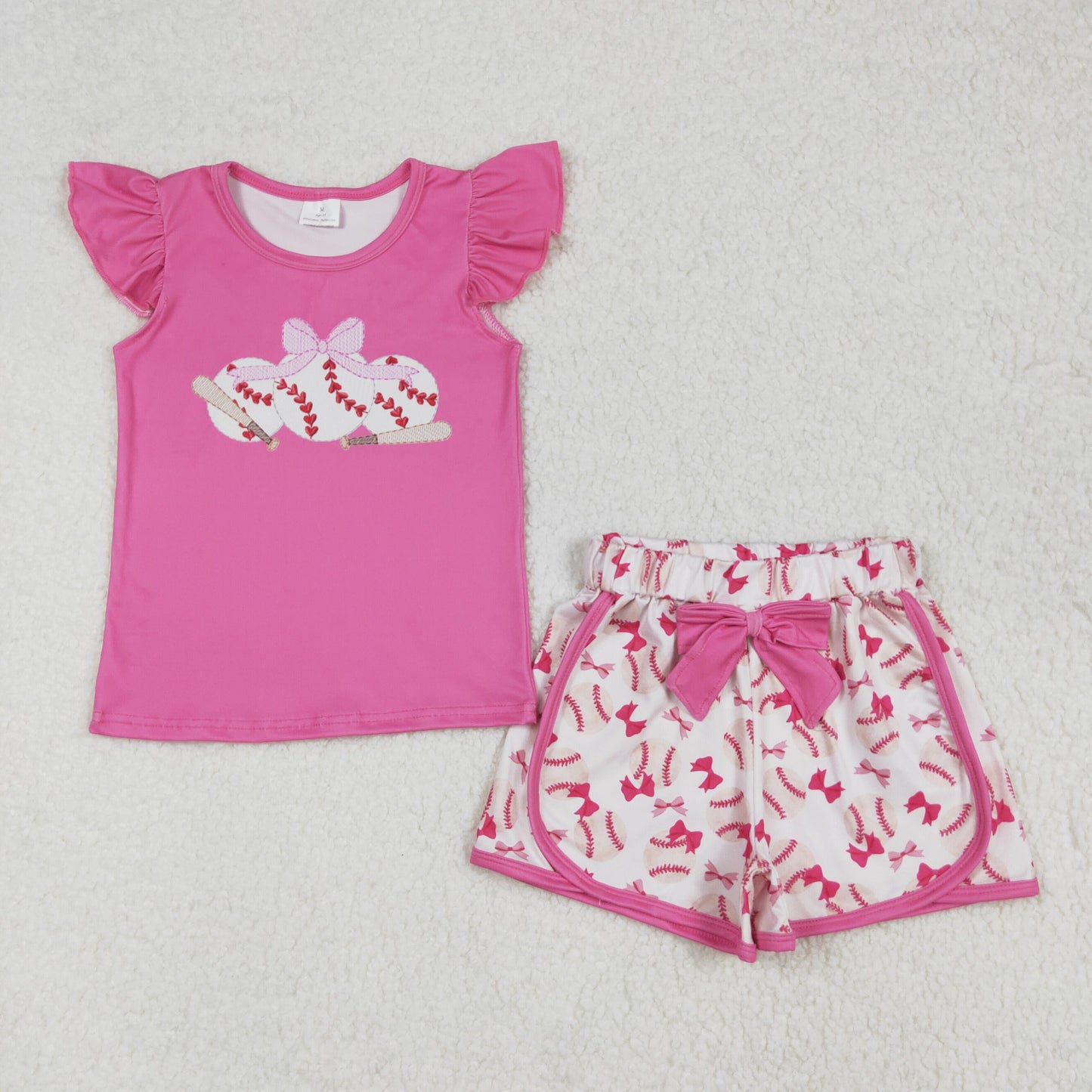 GSSO1685 Baseball Hotpink Top Sports Shorts Girls Summer Clothes Set