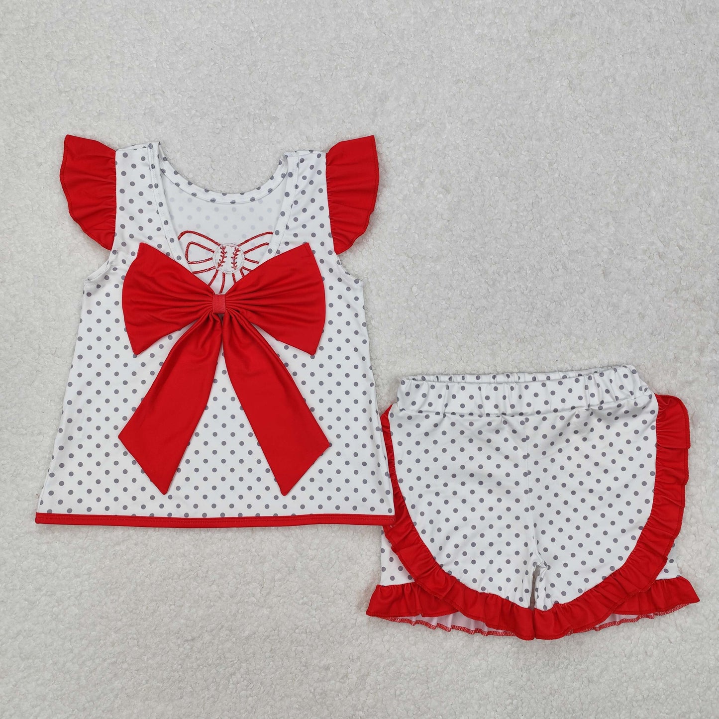 GSSO1698 Bow Baseball Embroidery Top Ruffle Shorts Girls Summer Clothes Set