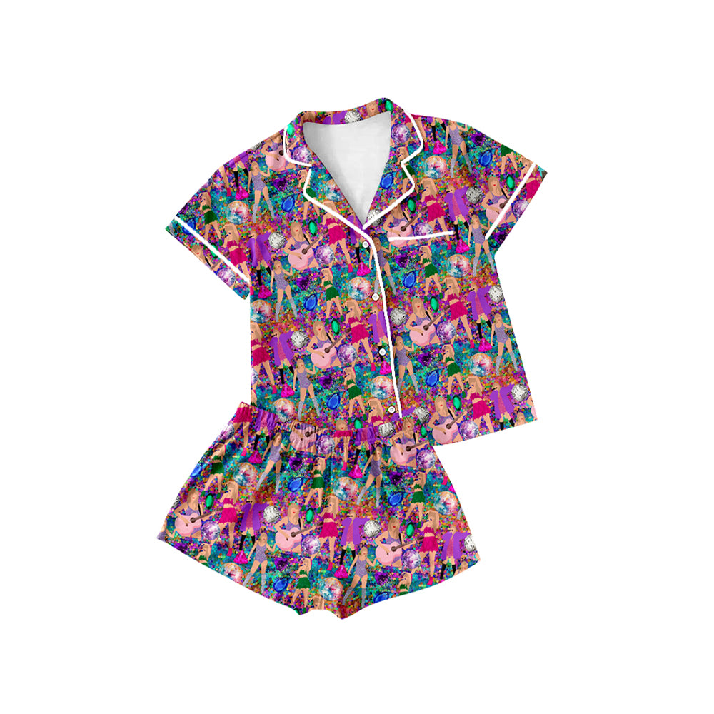 (Pre-order)GSSO1710 Adult Singer Swiftie Purple Print Summer Buttons Pajamas Clothes Set