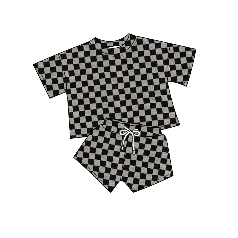 (Pre-order)GSSO1720 Black Grey Plaid Print Girls Summer Clothes Set