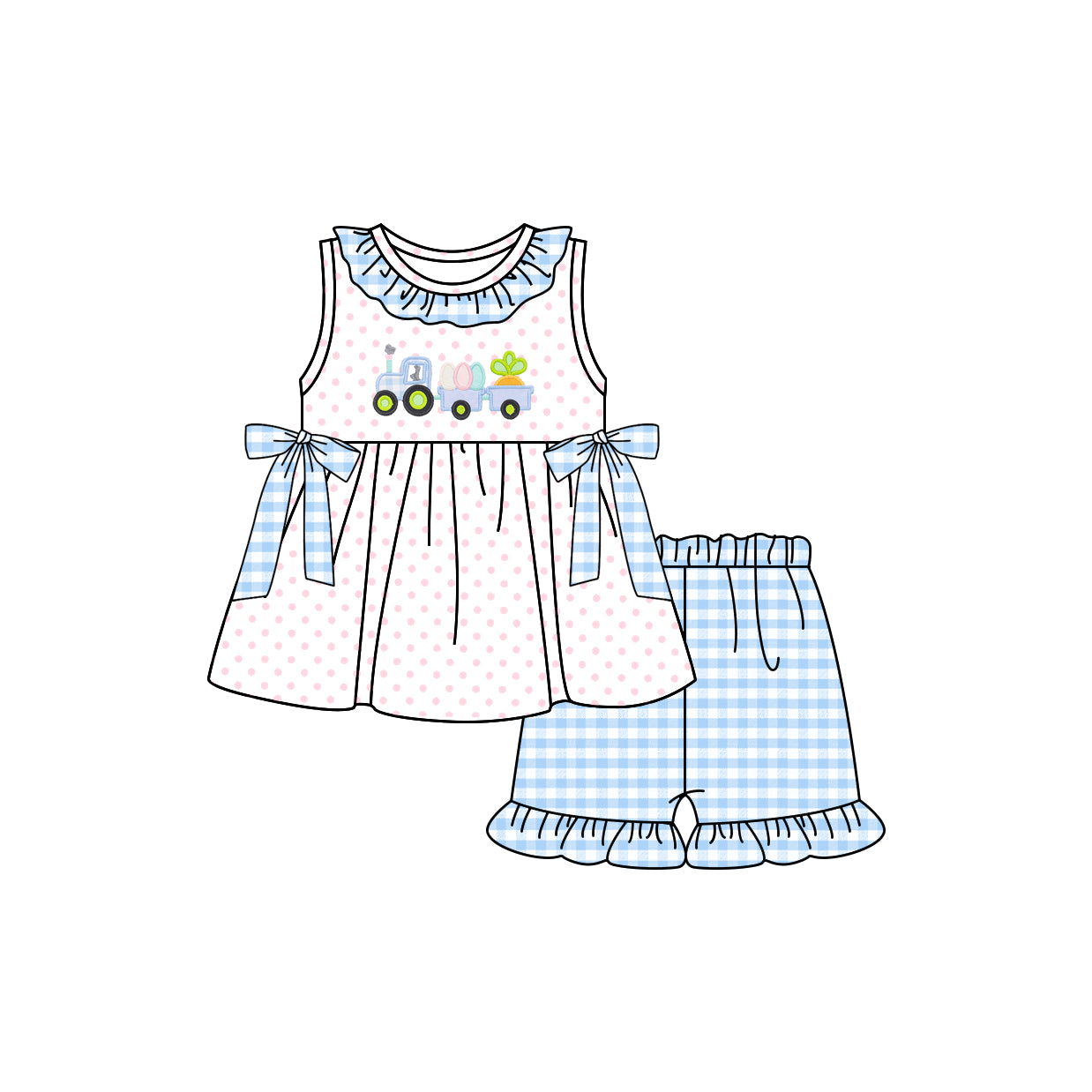 (Pre-order)GSSO1729 Tractors Eggs Carrot Tunic Top Blue Plaid Shorts Girls Easter Clothes Set