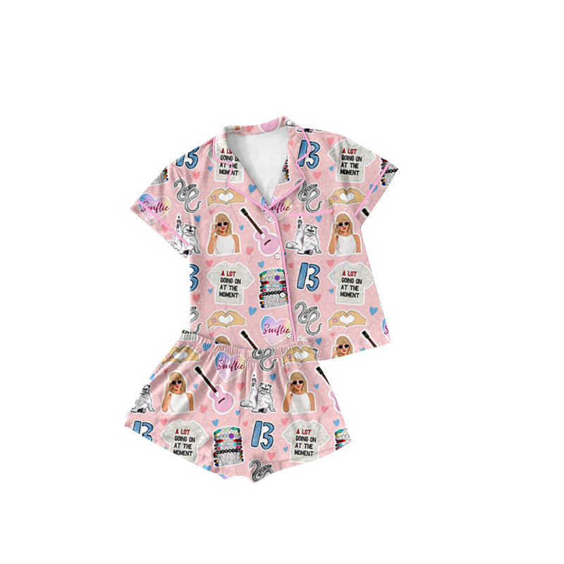 (Pre-order)GSSO1740 Singer Swiftie Heart Print Girls Summer Buttons Pajamas Clothes Set