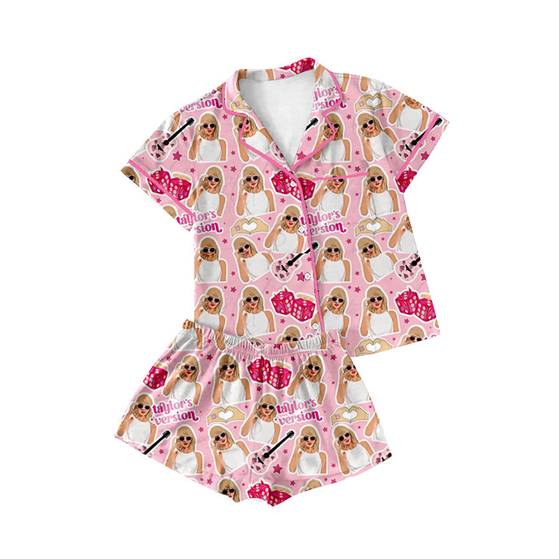 (Pre-order)GSSO1741 Adult Singer Swiftie Pink Print Woman Summer Buttons Pajamas Clothes Set