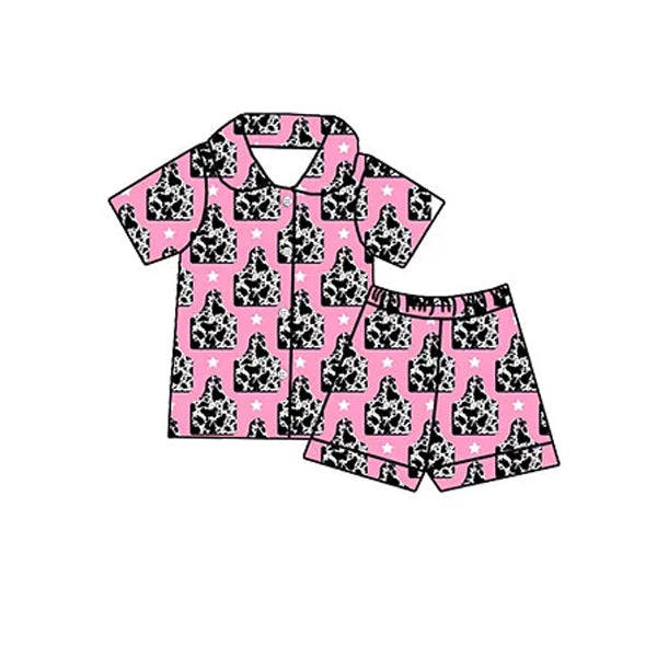 (Pre-order)GSSO1743 Cows Tag Pink Print Shorts Girls Western Summer Buttons Pajamas Clothes Set