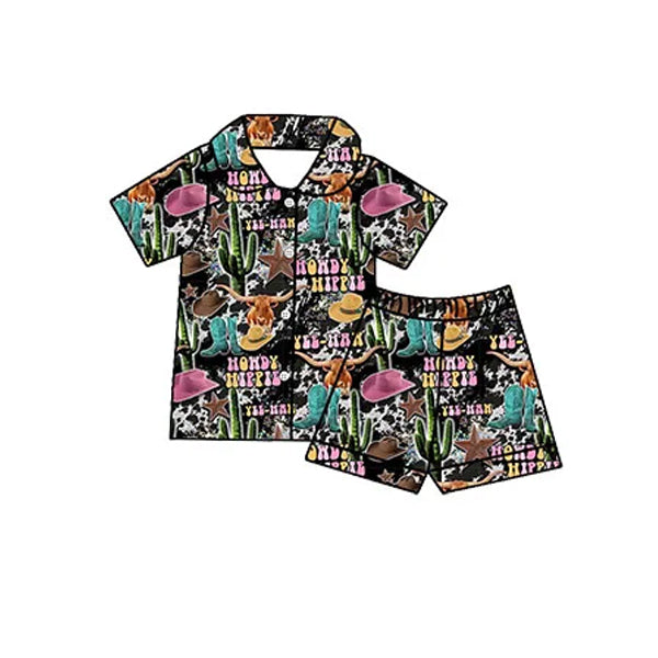 (Pre-order)GSSO1744 Howdy Cactus Print Shorts Girls Western Summer Buttons Pajamas Clothes Set