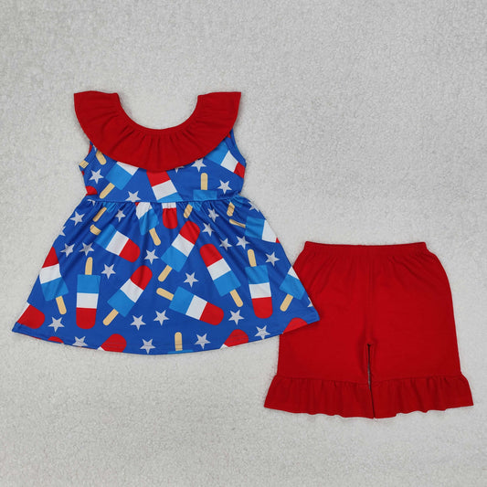 GSSO1765 Popsicle Tunic Top Red Shorts Girls 4th of July Clothes Set
