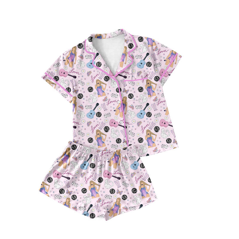 (Pre-order)GSSO1778 Adult Singer Swiftie Flowers Print Woman Summer Buttons Pajamas Clothes Set