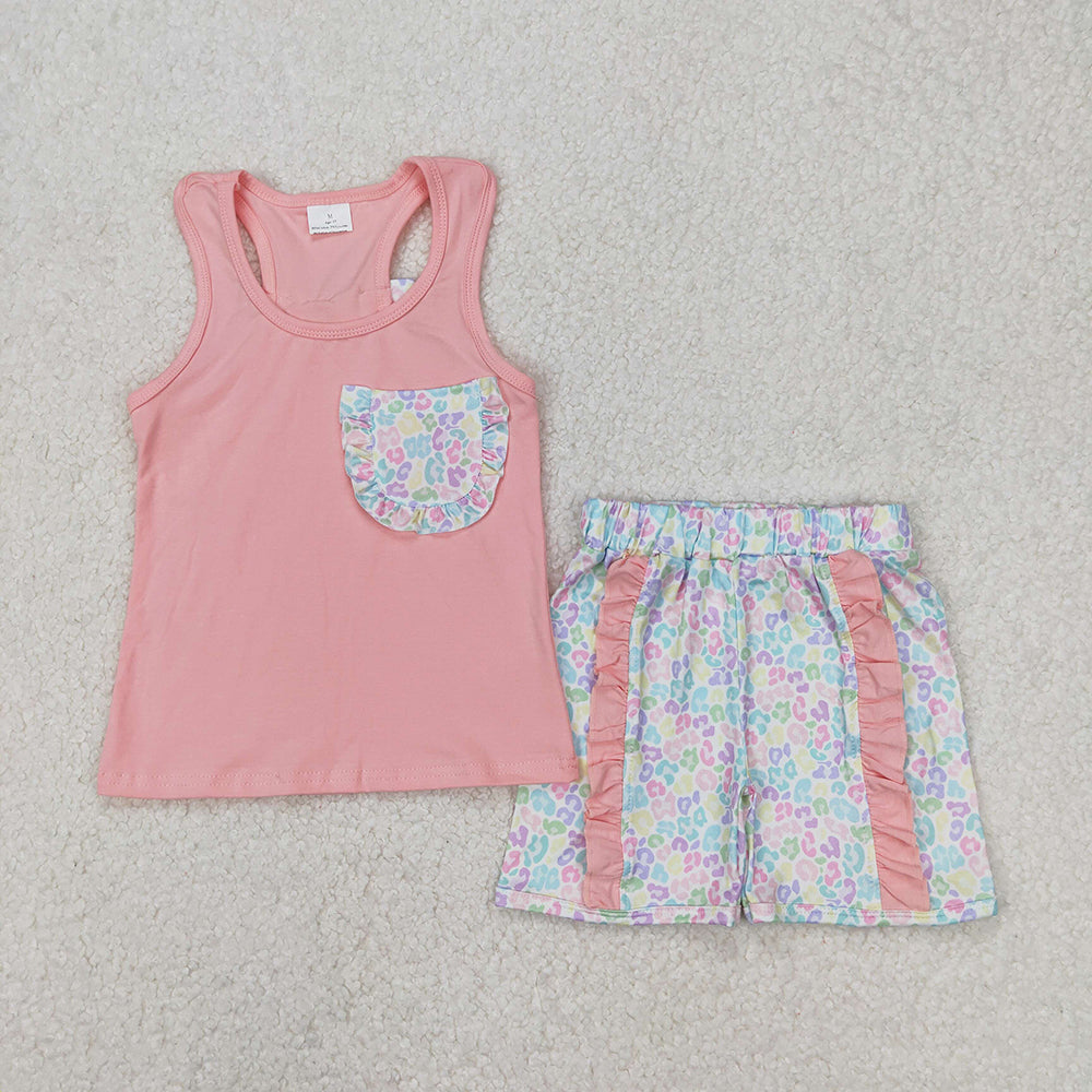 7 Colors Pocket Vest Top Shorts Girls Summer Clothes Set Sisters Wear