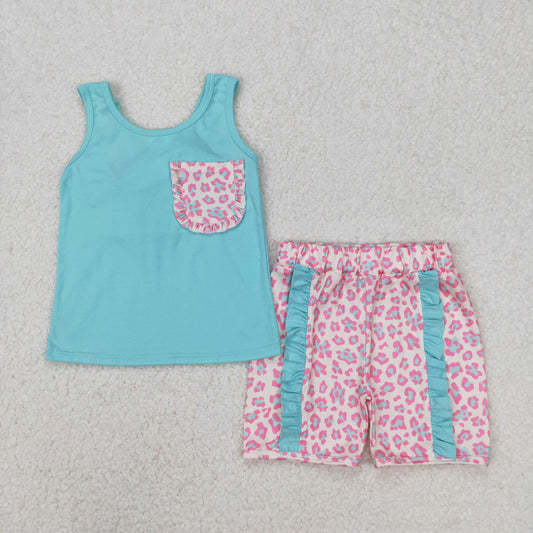 GSSO1784 Green Tank Top Pink Leopard Shorts Gilrs Summer Clothes Set