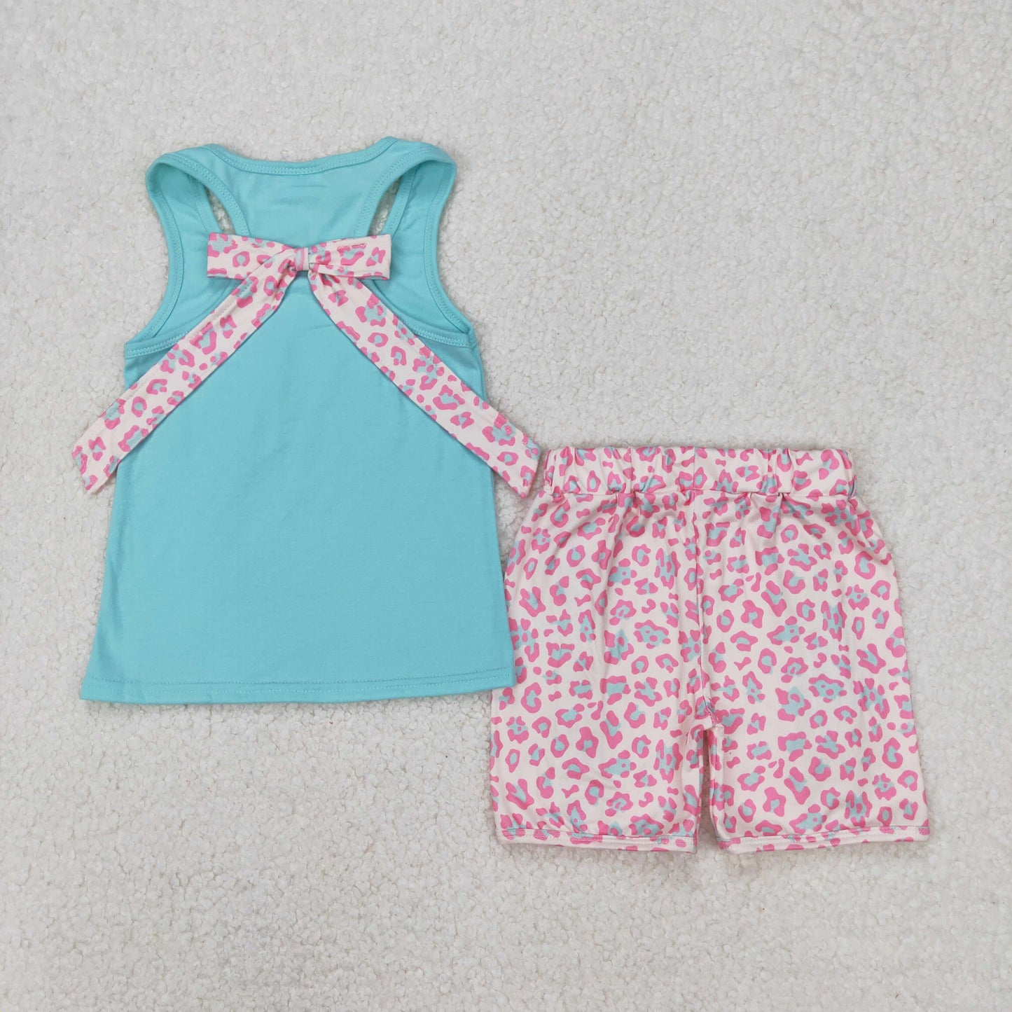 GSSO1784 Green Tank Top Pink Leopard Shorts Gilrs Summer Clothes Set