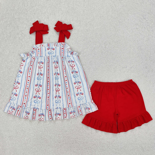 GSSO1786 Flag Bows Strap Tunic Top Red Shorts Gilrs 4th of July Clothes Set