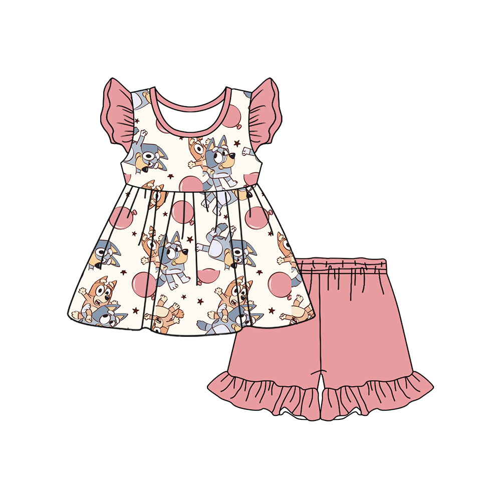 (Pre-order)GSSO1798 Cartoon Dog Tunic Top Pink Shorts Girls Summer Clothes Set