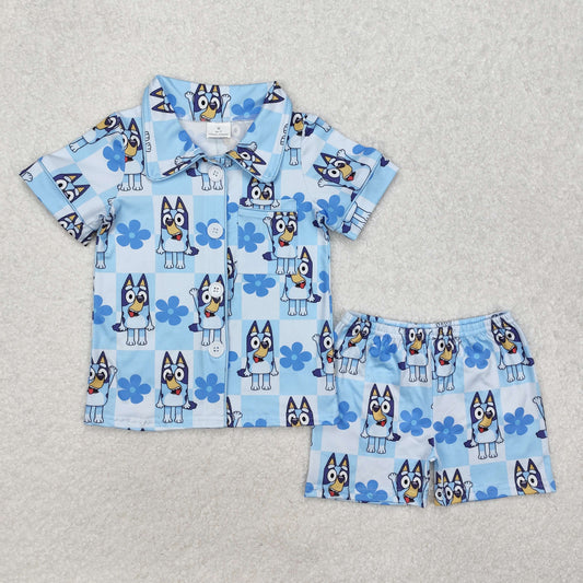 GSSO1800 Cartoon Dog Blue Flowers Print Girls Summer Buttons Pajamas Clothes Set