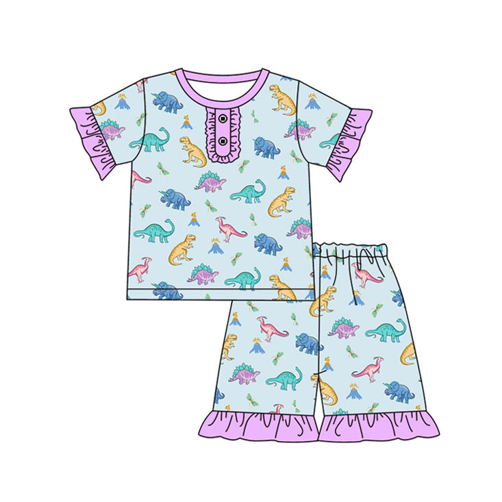 (Pre-order)GSSO1811 Dino Blue Print Girls Summer Pajamas Clothes Set