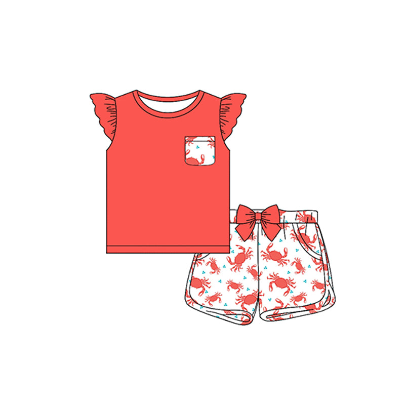 (Pre-order)GSSO1813 Red Pocket Top Crab Shorts Girls Summer Clothes Set
