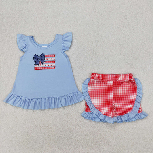 GSSO1822 Flag Bow Embroidery Blue Top Red Plaid Shorts Girls 4th of July Clothes Set