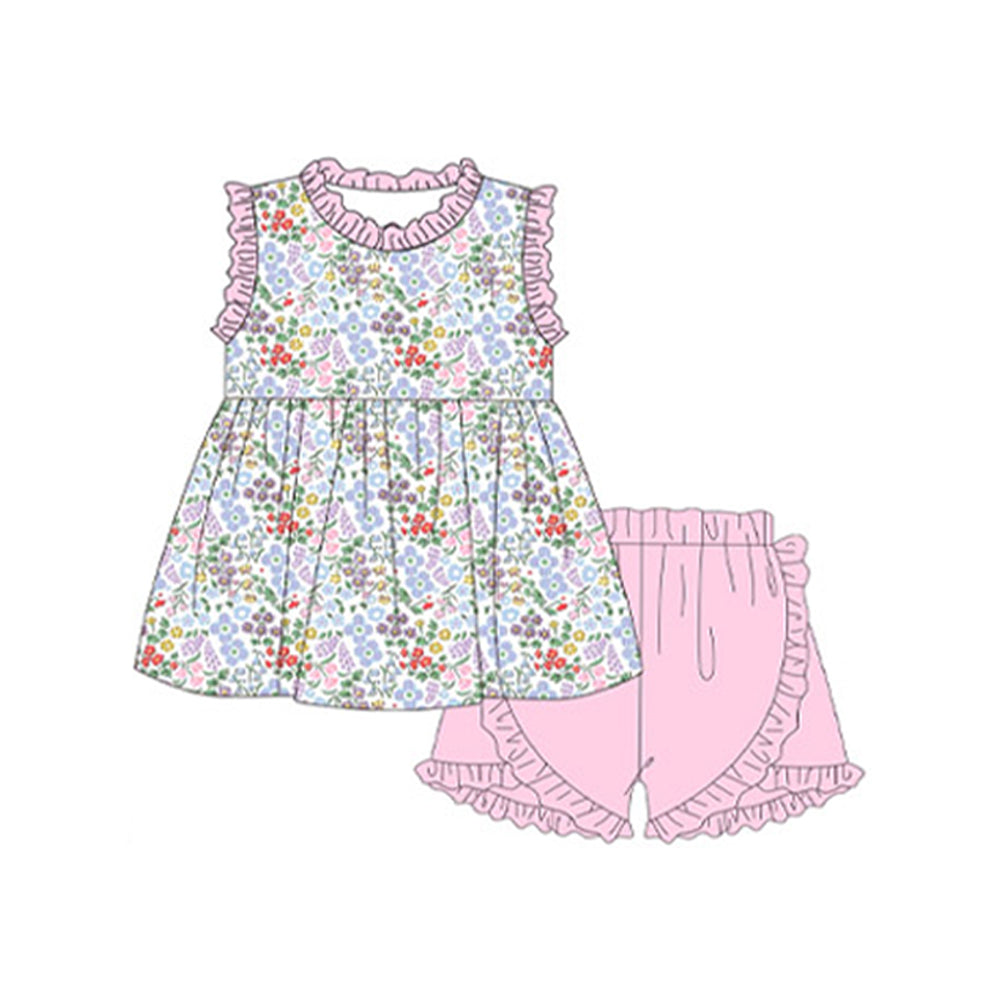 (Pre-order)GSSO1848 Colorful Small Flowers Tunic Top Pink Shorts Girls Summer Clothes Set