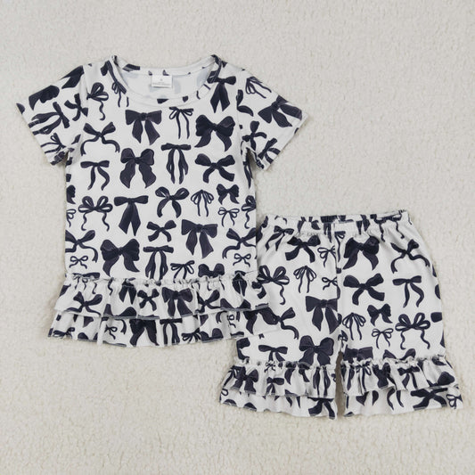 GSSO1852 Black Bows Print Girls Summer Ruffles Clothes Set