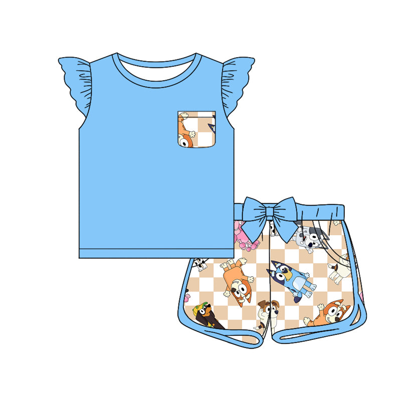 (Pre-order)GSSO1861 Blue Pocket Top Cartoon Dog Shorts Girls Summer Clothes Set