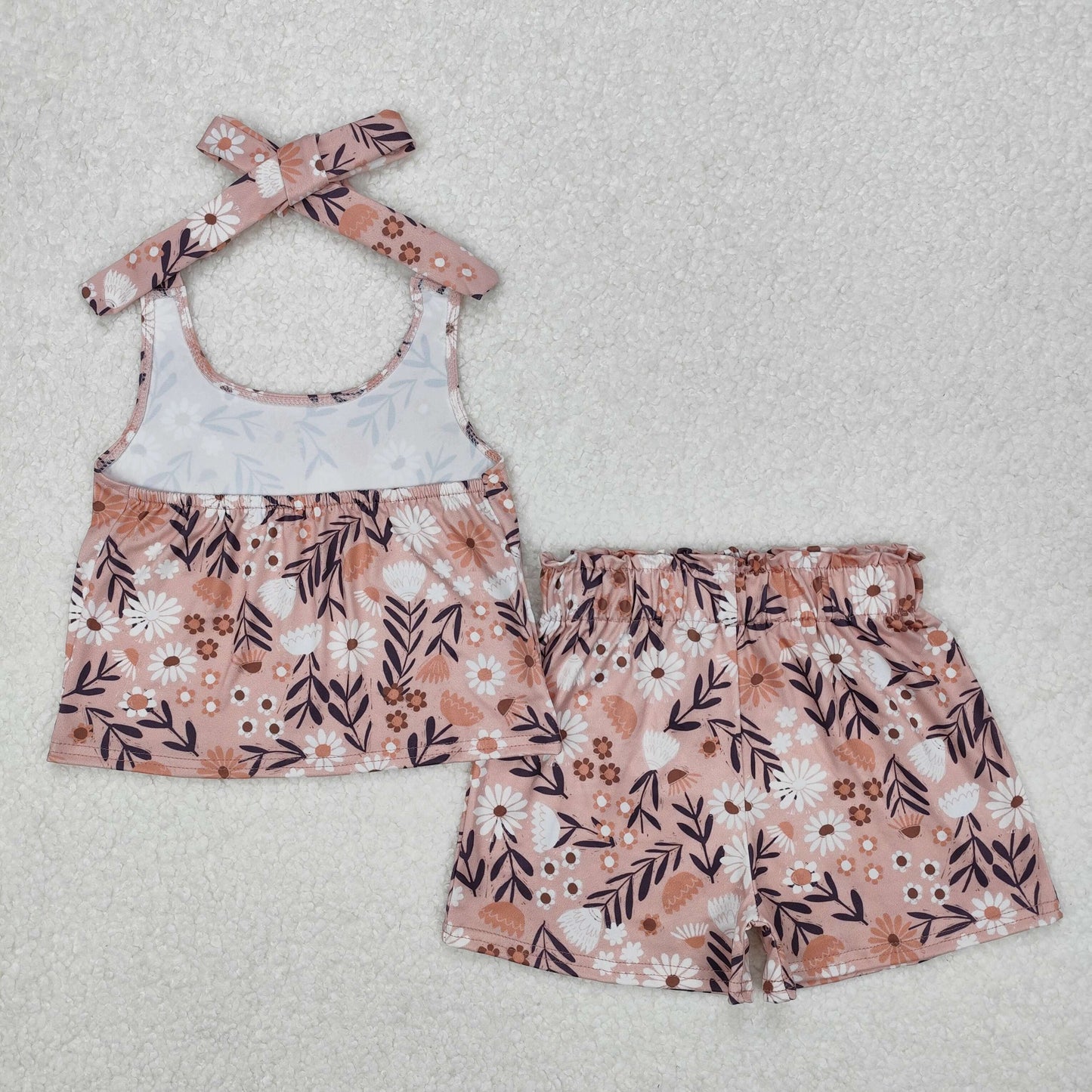 GSSO1870  Brown Flowers Halter Top Shorts Girls Summer Clothes Set