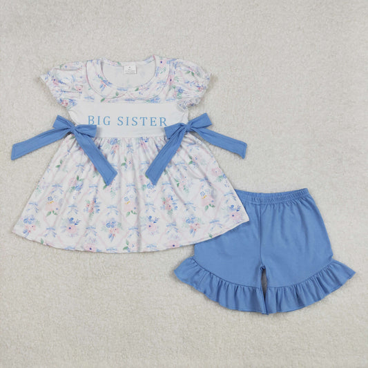 GSSO1875 BIG SISTER Flowers Tunic Top Blue Shorts Girls Summer Clothes Set