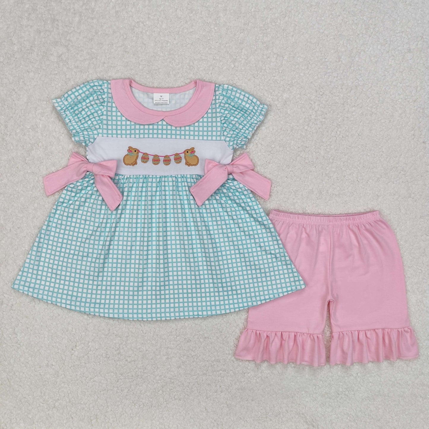 GSSO1882 Bunny Eggs Embroidery Blue Plaid Tunic Top Pink Shorts Girls Easter Clothes Set