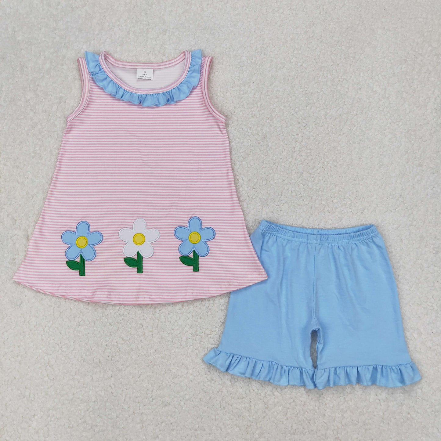 GSSO1895 Flowers Embroidery Pink Top Blue Shorts Girls Summer Clothes Set