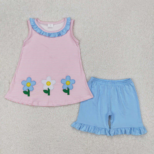 GSSO1895 Flowers Embroidery Pink Top Blue Shorts Girls Summer Clothes Set