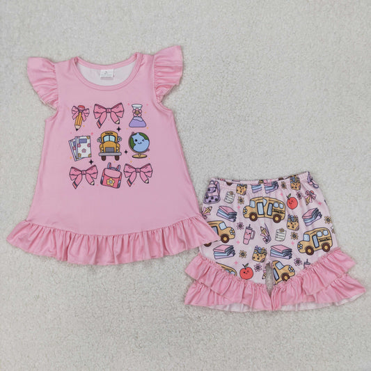 GSSO1910 Apple Pen Flowers Top Ruffle Shorts Girls Back to School Clothes Set