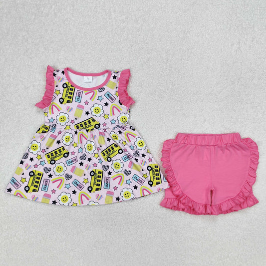 GSSO1912 Pen Flowers Rainbow Bus Tunic Top Pink Shorts Girls Back to School Clothes Set