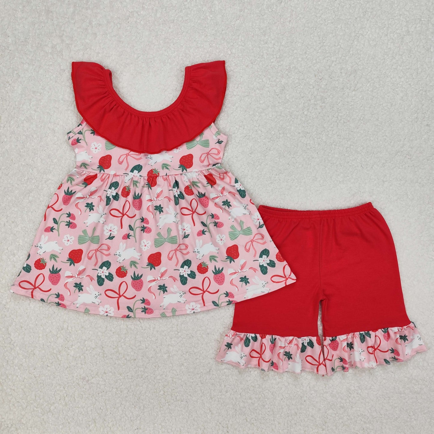 Bunny Strawberry Bows Print Sisters Easter Matching Clothes