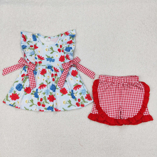GSSO1930 Flowers Tunic Top Plaid Shorts Girls Summer Clothes Set
