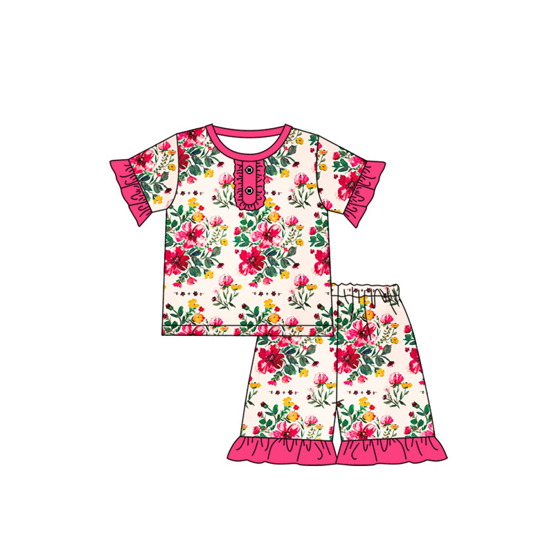 (Pre-order)GSSO1934 Flowers Print Girls Summer Pajamas Clothes Set