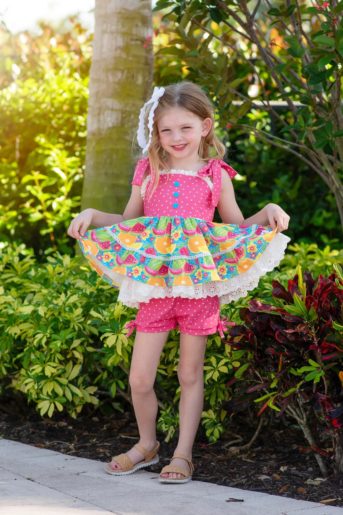 (Pre-order)GSSO1951 Fruits Strap Tunic Top Dots Shorts Girls Summer Clothes Set