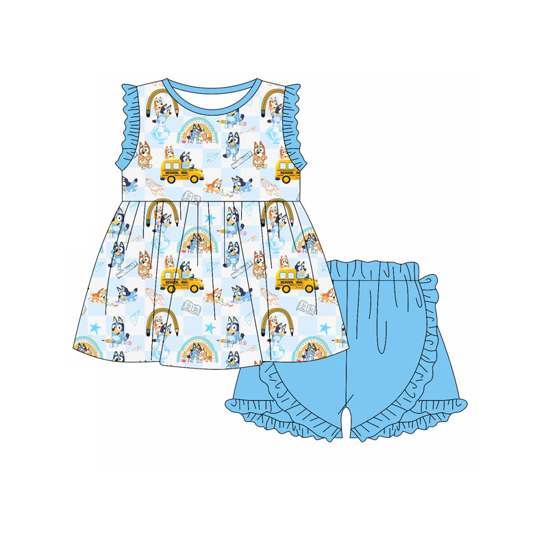 (Pre-order)GSSO1954 Cartoon Dog Bus Tunic Top Blue Shorts Girls Back to School Clothes Set