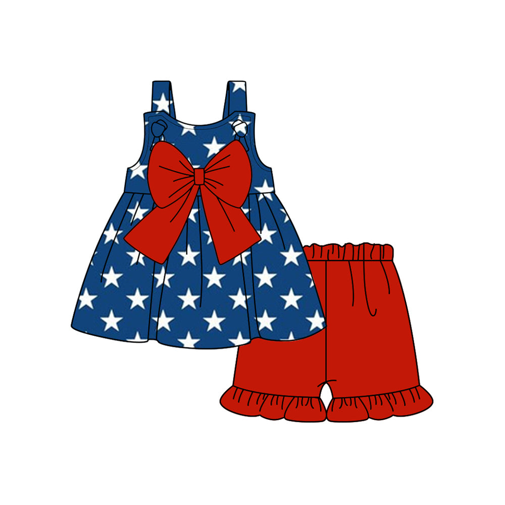 (Pre-order)GSSO1955 Stars Tunic Top Red Shorts Girls 4th of July Clothes Set