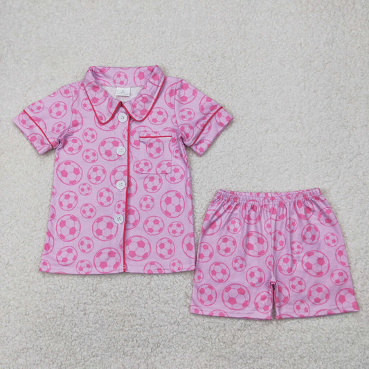 GSSO1957  Pink Soccer Print Girls Summer Buttons Pajamas Clothes Set