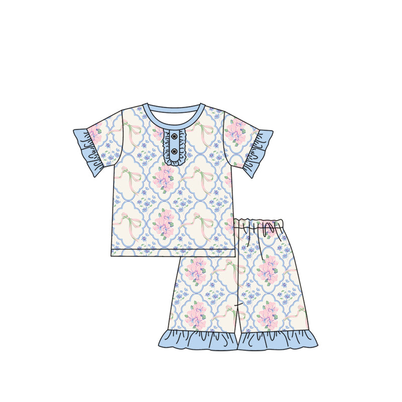 (Pre-order)GSSO1963 Blue Pink Flowers Print Girls Summer Pajamas Clothes Set