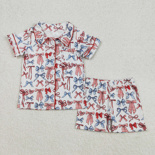 GSSO1966  Red Blue Bows Print Girls 4th of July Buttons Pajamas Clothes Set