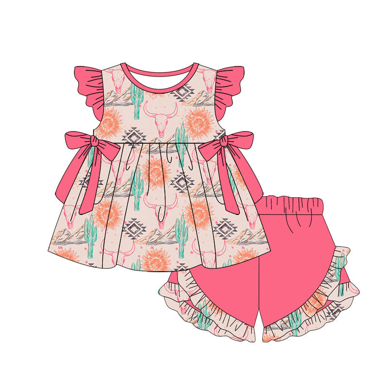 (Pre-order)GSSO1978 Cow Skull Cactus Western Tunic Top Ruffle Shorts Girls Summer Clothes Set