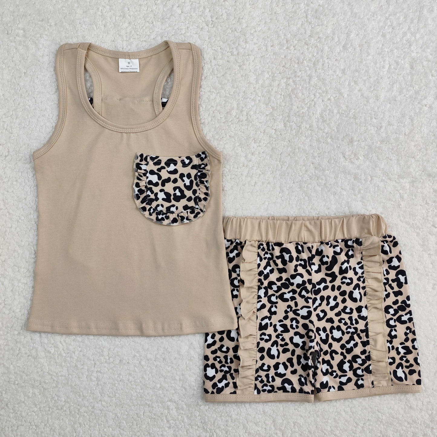 GSSO1979 Khaki Pocket Vest Top Leopard Shorts Girls Summer Clothes Set