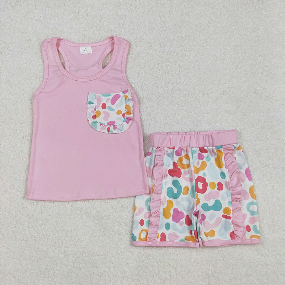 7 Colors Pocket Vest Top Shorts Girls Summer Clothes Set Sisters Wear