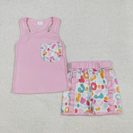 GSSO1981 Pink Pocket Vest Top Leopard Shorts Girls Summer Clothes Set