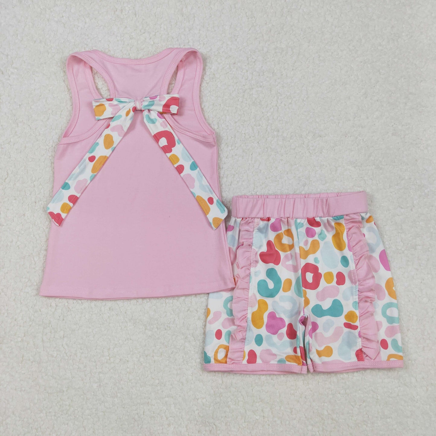 GSSO1981 Pink Pocket Vest Top Leopard Shorts Girls Summer Clothes Set
