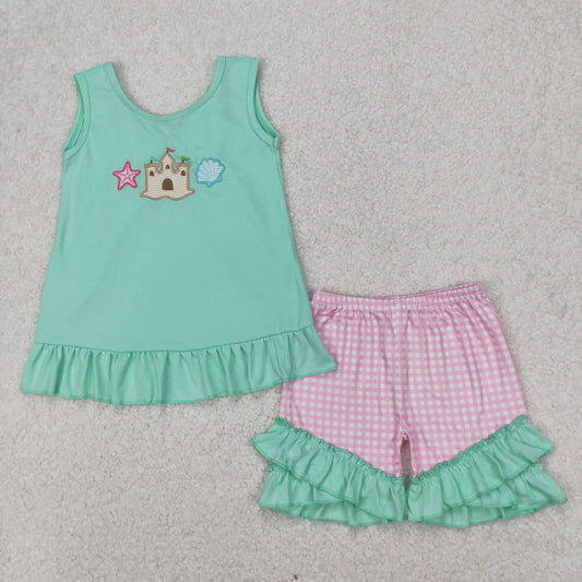 GSSO1983 Castle Shell Embroidery Backless Top Plaid Shorts Girls Summer Clothes Set