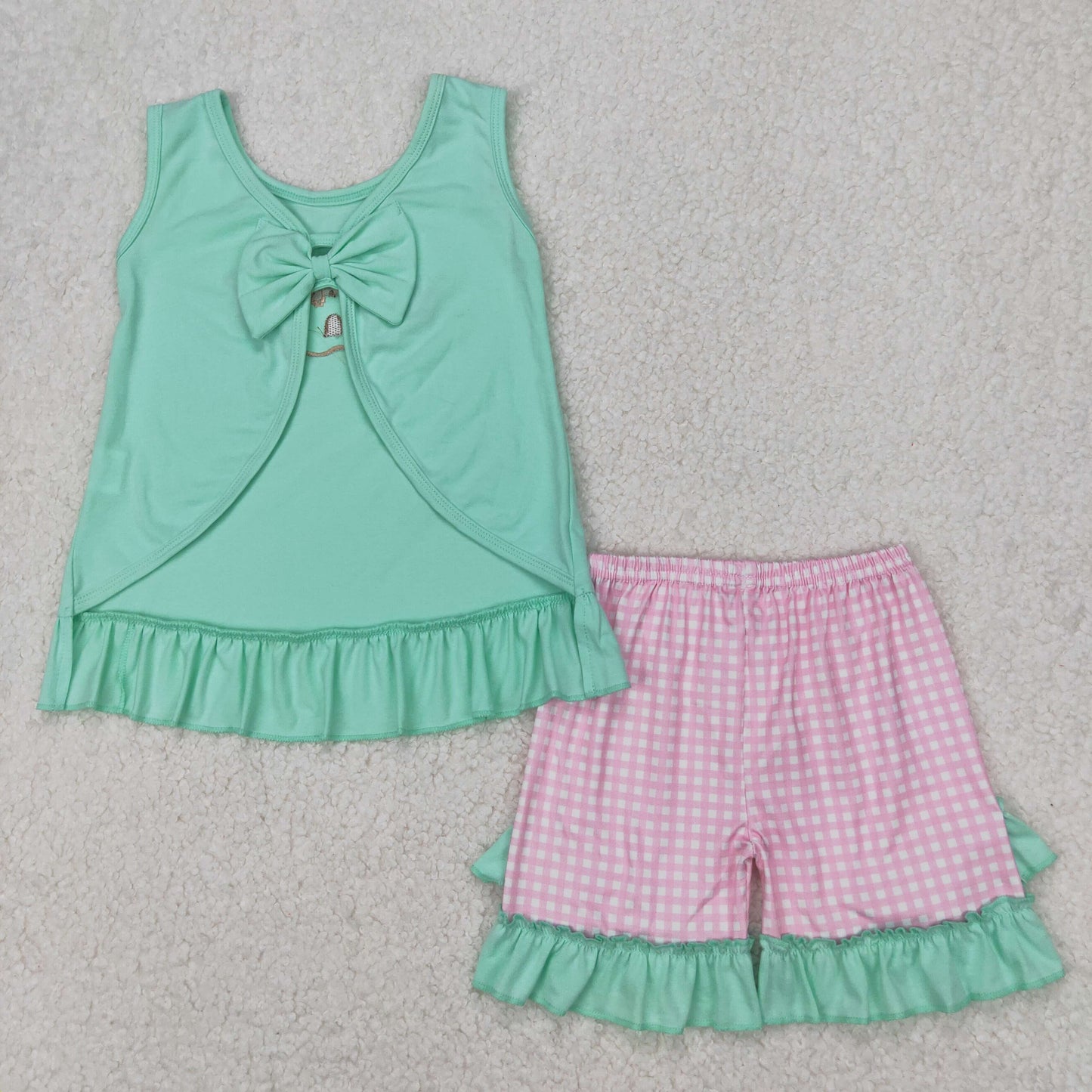 GSSO1983 Castle Shell Embroidery Backless Top Plaid Shorts Girls Summer Clothes Set