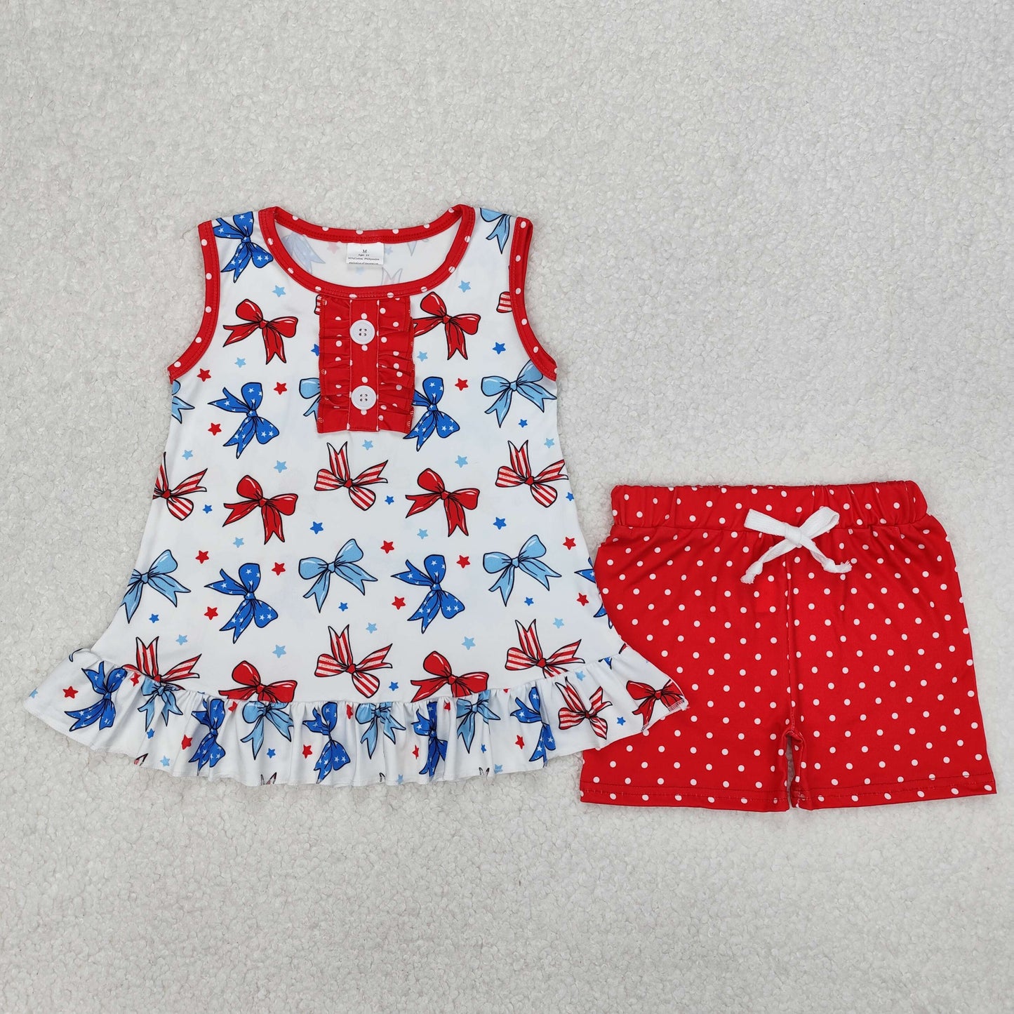 Red Blue Bows Sleeveless Top Dots Shorts Girls 4th of July Clothes Set Sisters Wear