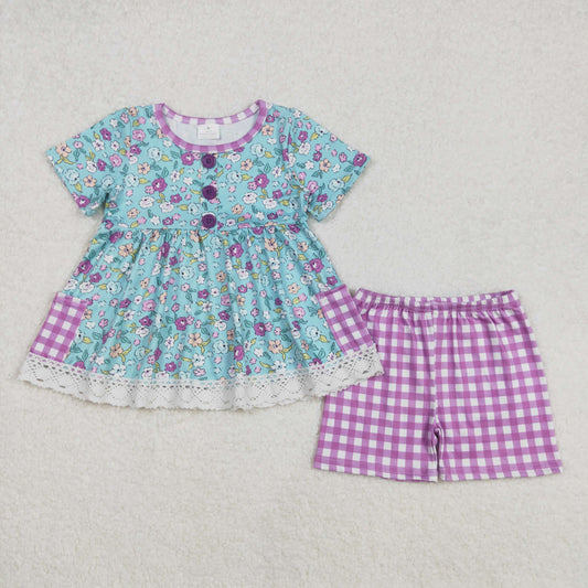 GSSO2011 Flowers Pockets Tunic Top Plaid Shorts Girls Summer Clothes Set
